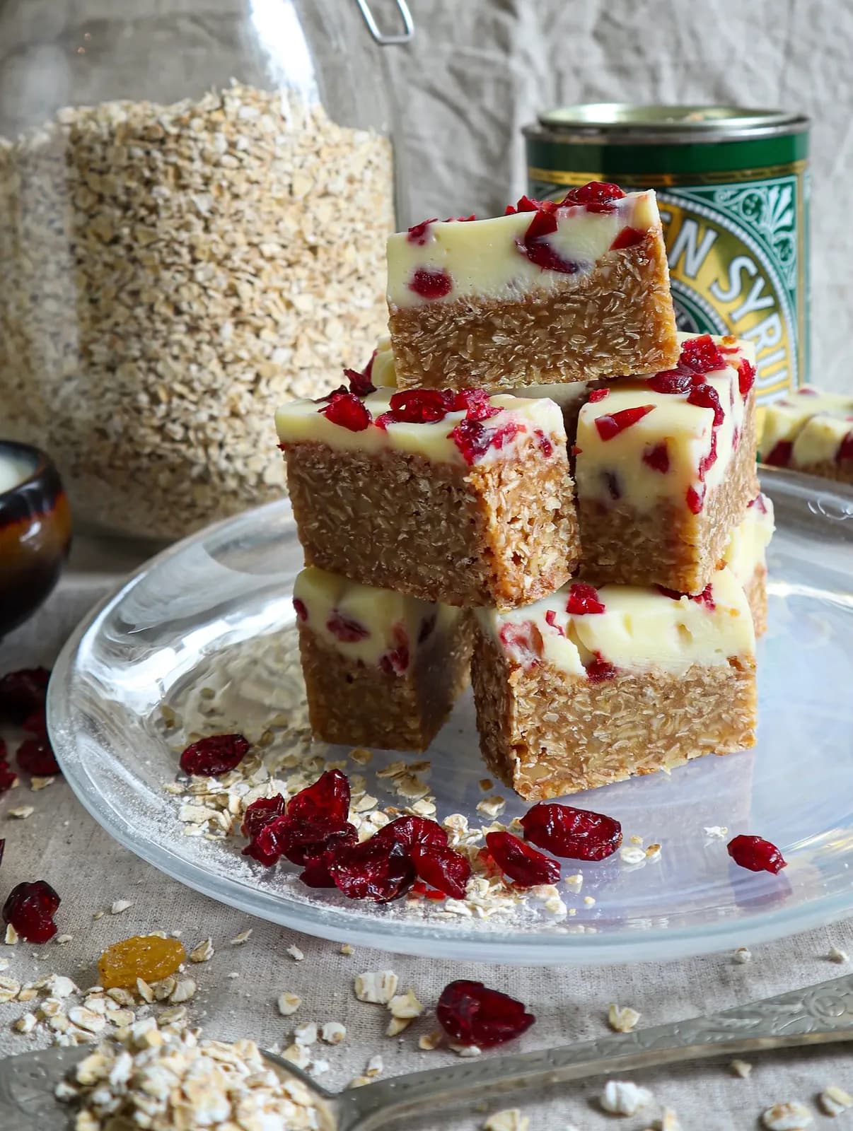 Flapjacks with white chocolate and cranberry, photographed for Pinch of Mint