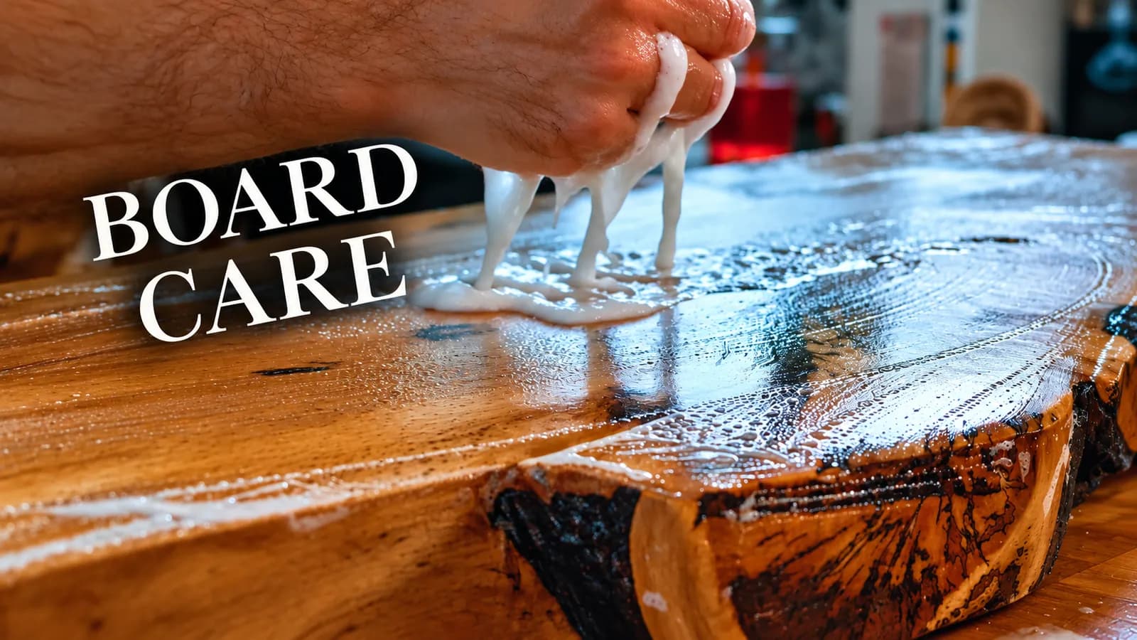 Wooden chopping board with soapy water