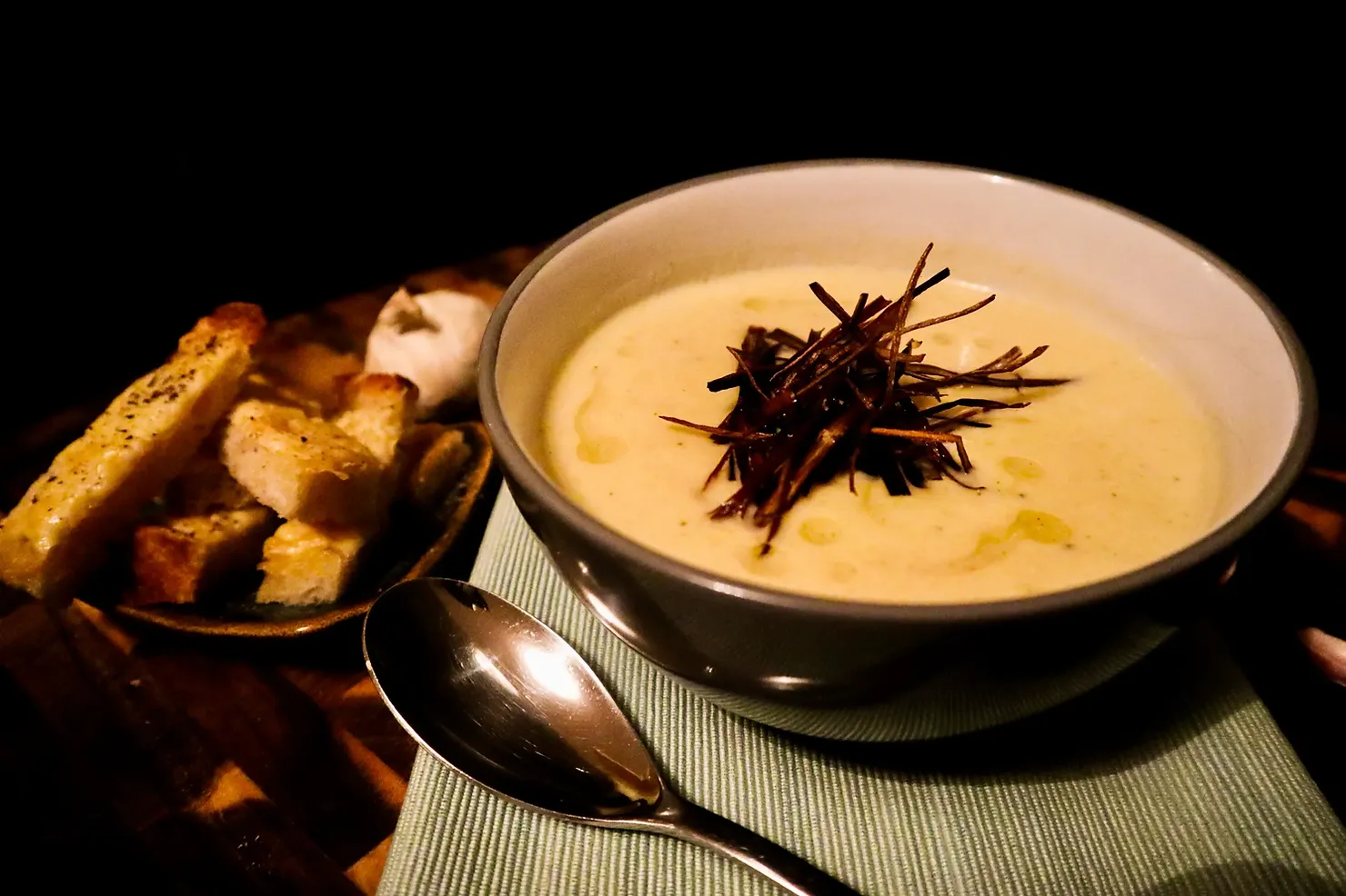 Creamy onion soup, photographed for Pinch of Mint
