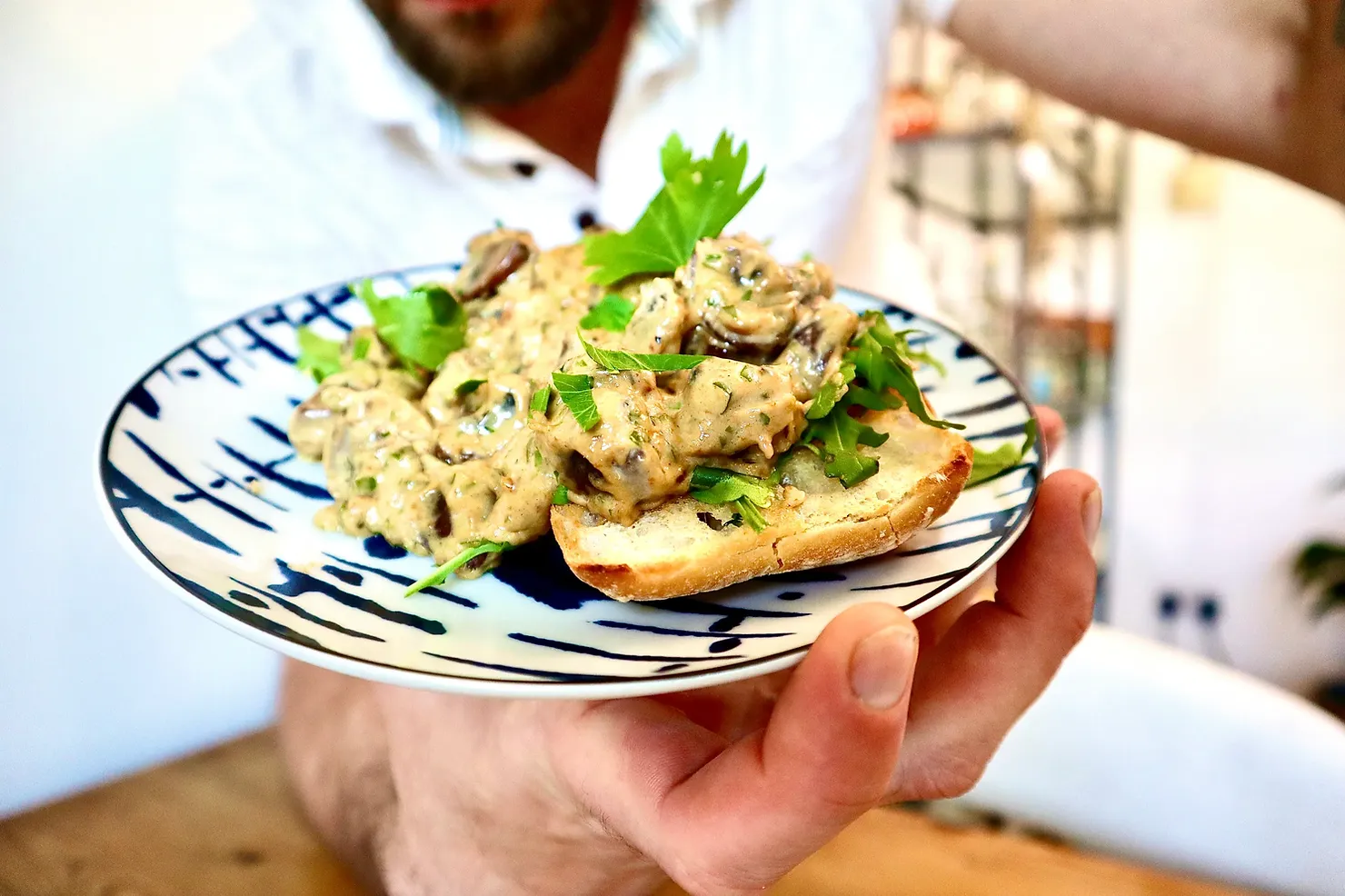 Garlic mushrooms on toasted ciabatta, photographed for Pinch of Mint