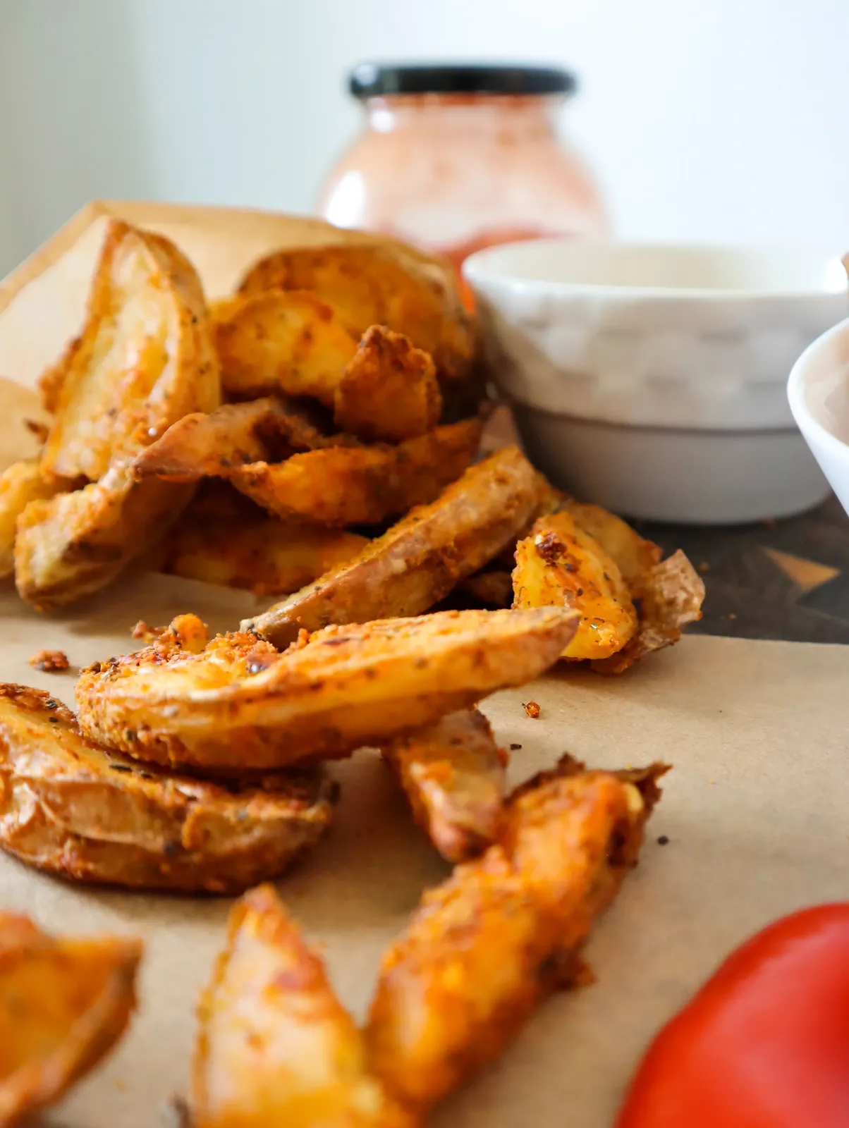 Spicy oven-baked potato wedges, photographed for Pinch of Mint