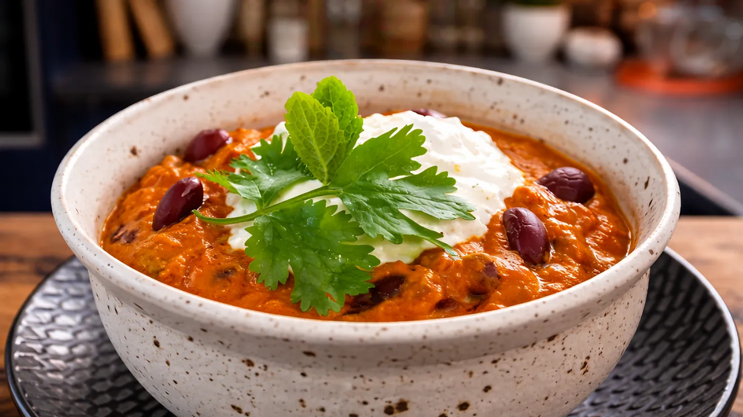 A bowl of spicy curry topped with yogurt, cilantro, and olives sits on a textured black plate, against a blurred kitchen backdrop.