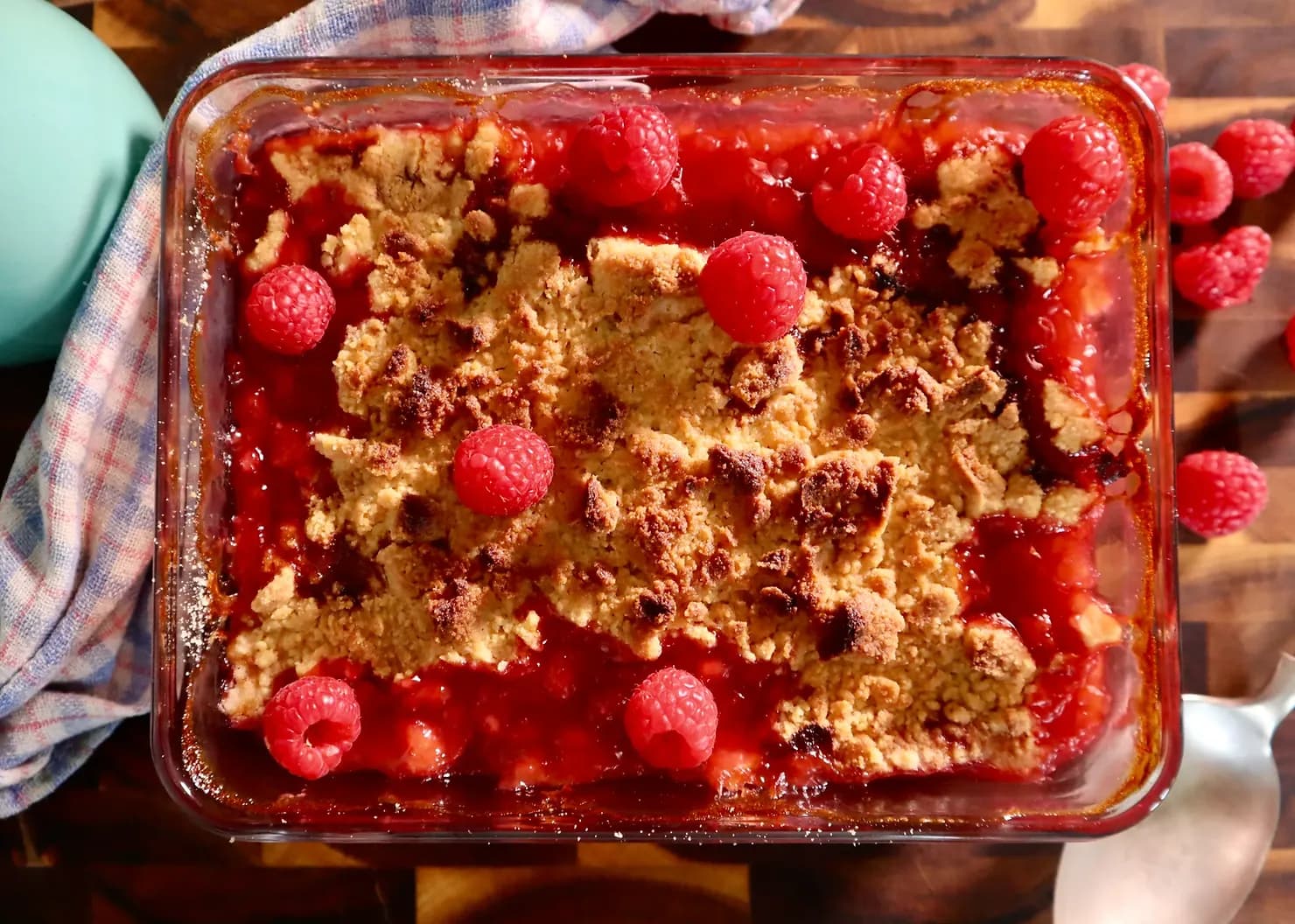 Rhubarb, raspberry and rosé crumble, photographed for Pinch of Mint