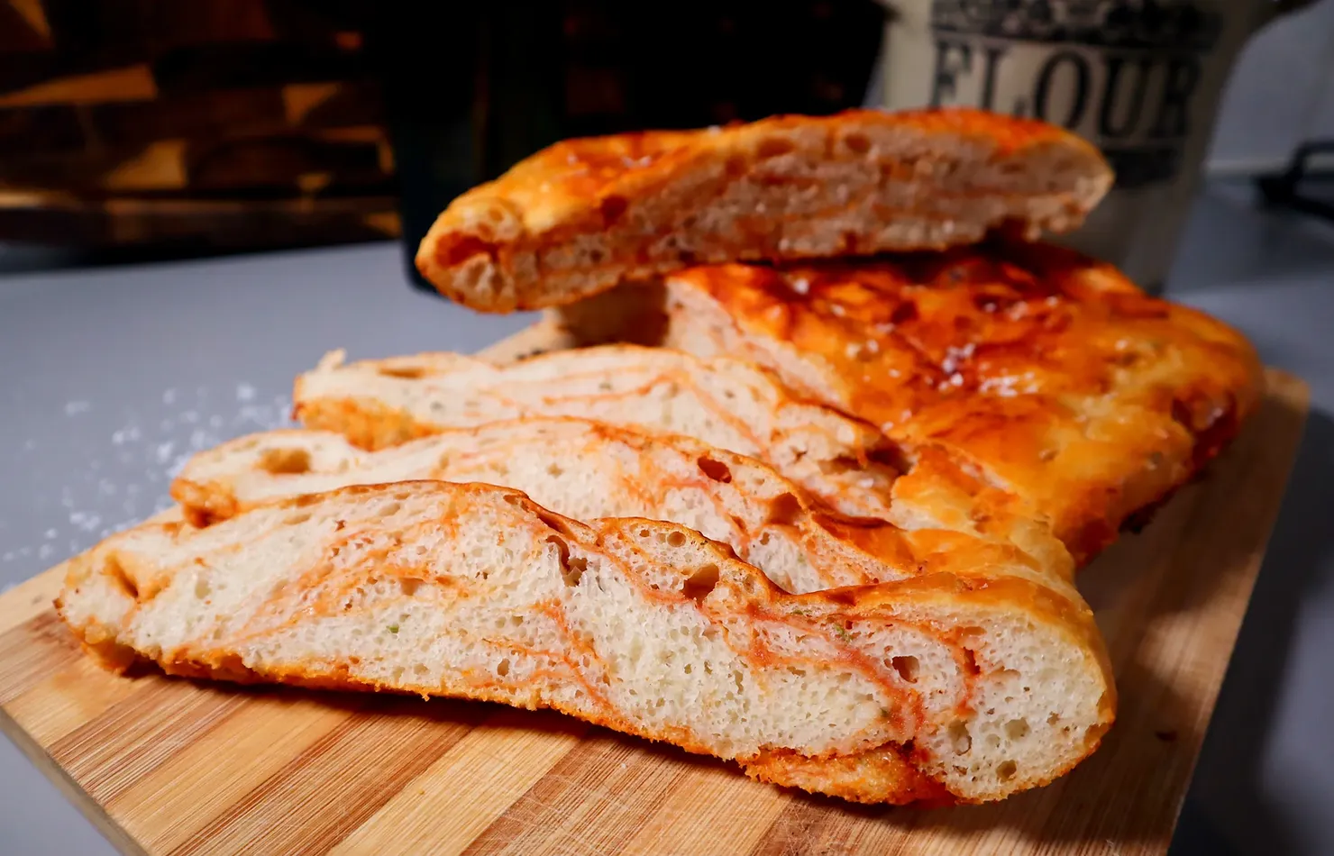Rosemary focaccia with a tomato swirl, photographed for Pinch of Mint
