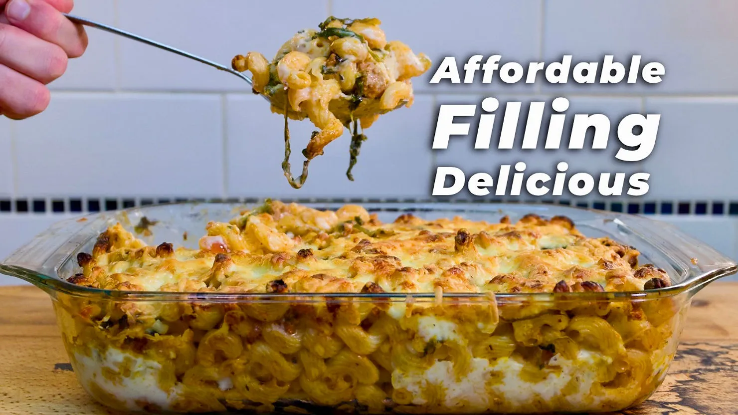 A glass dish of baked pasta with cheese; a hand serves a portion. Text reads: Affordable, Filling, Delicious. Warm kitchen setting.
