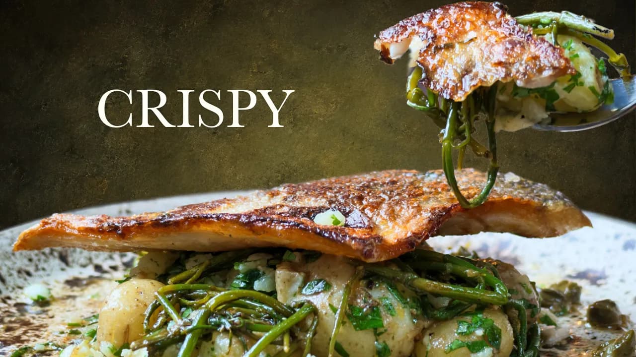 Crispy skin sea bream served with crushed new potatoes samphire and caper