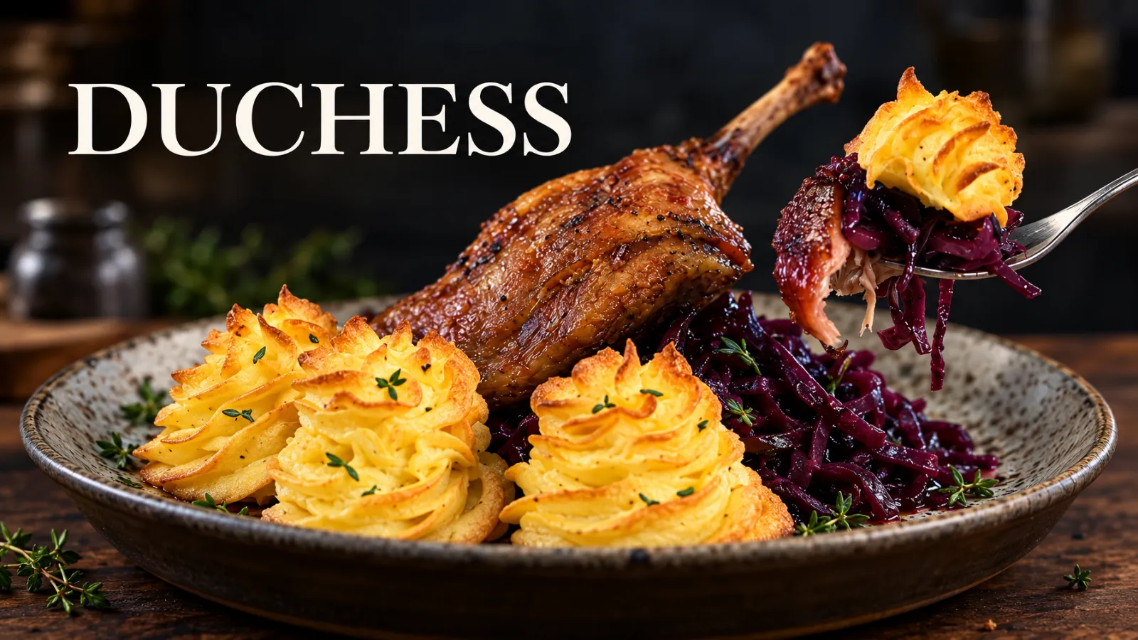 Slow roasted Duck legs with braised red cabbage a duchess potatoes