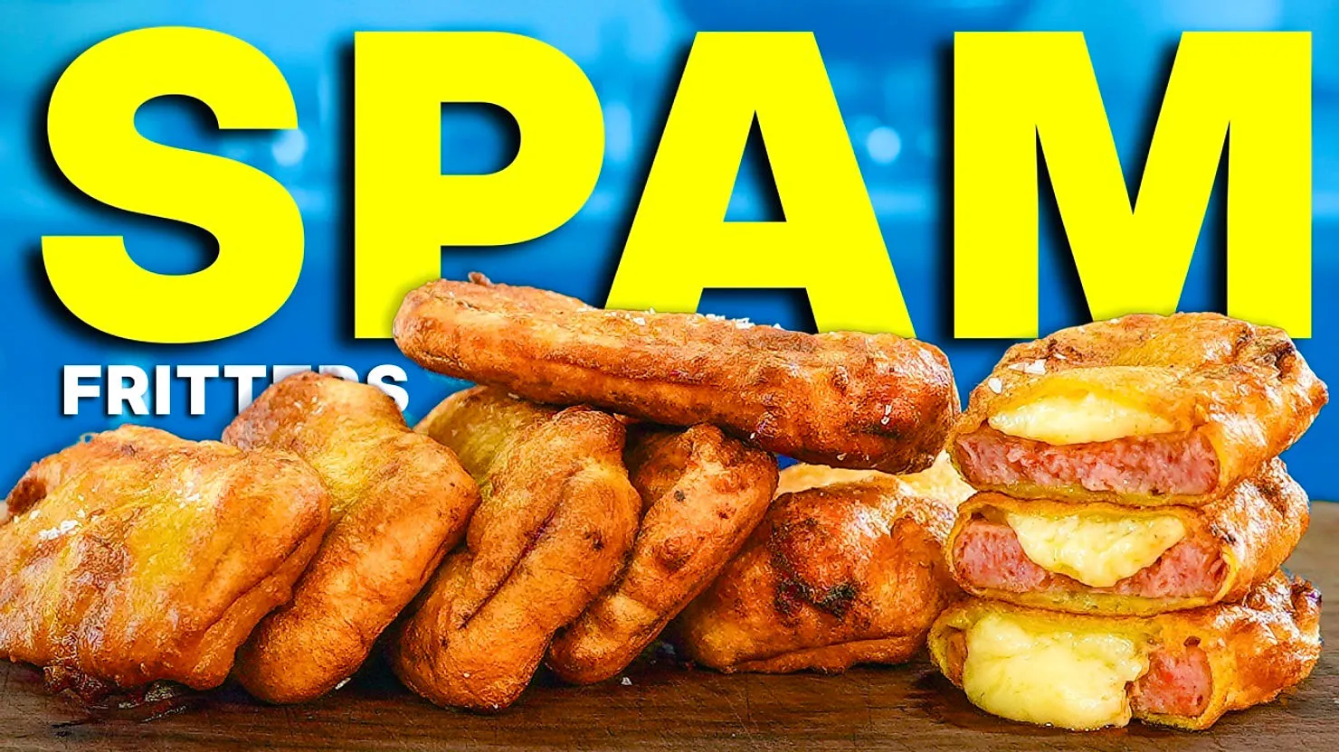 Fried spam fritters stacked on a wooden surface, with melted cheese visible. Large yellow text "SPAM" and blue background.