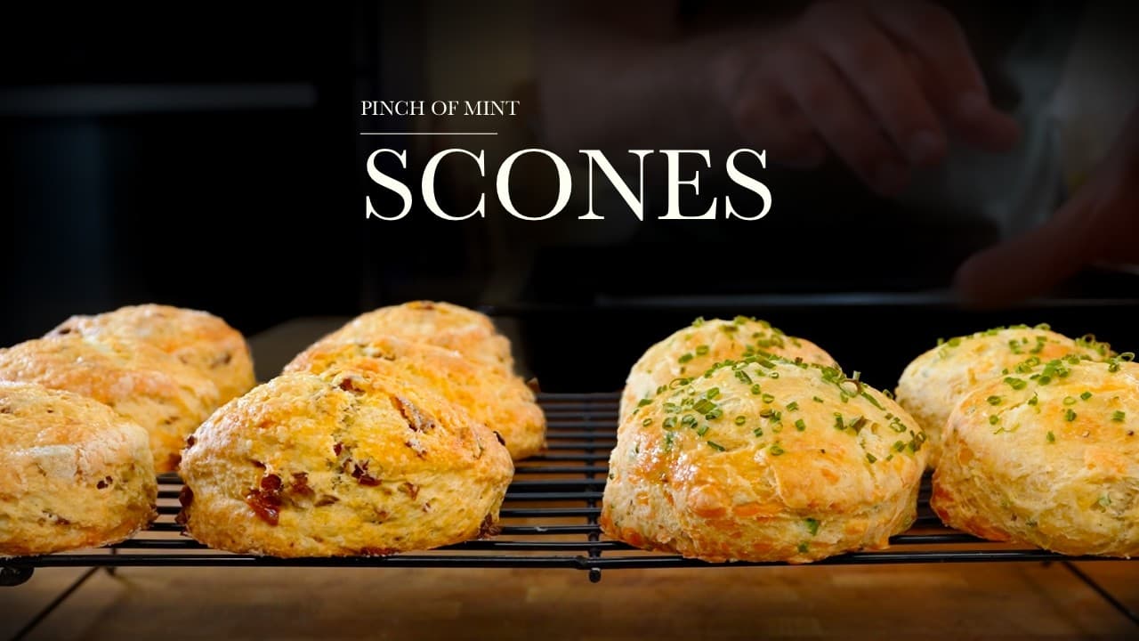 Two scone recipes worth knowing, a still from its video, with the channel name and the recipe title in text across it