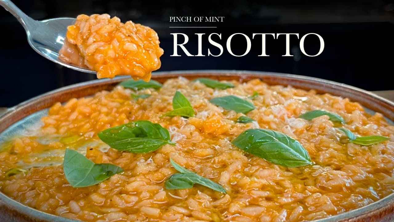 Roasted red pepper risotto, a still from its video, with the channel name and the recipe title in text across it