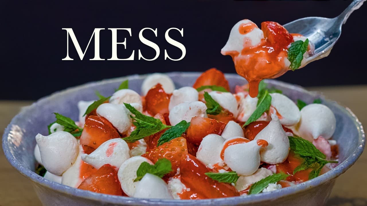 Classic Eton mess, a still from its video, with the channel name and the recipe title in text across it