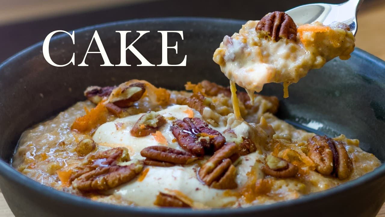 Carrot cake porridge, a still from its video, with the channel name and the recipe title in text across it