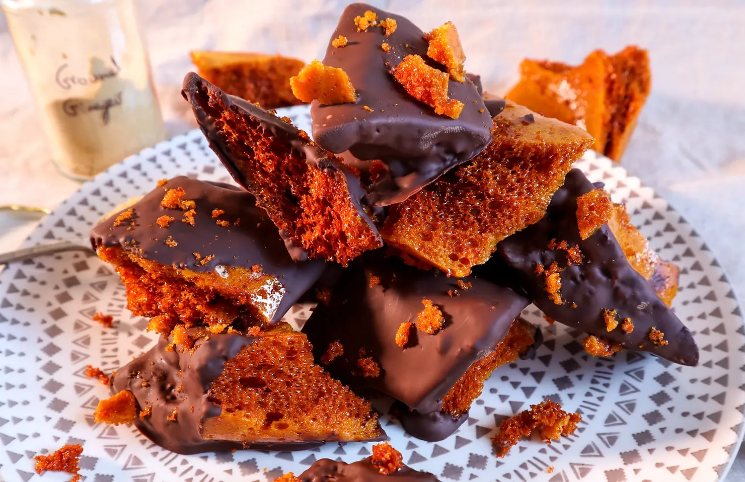 Ginger honeycomb with dark chocolate, photographed for Pinch of Mint